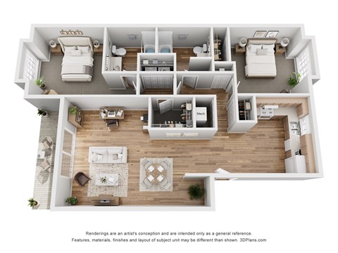 Floor plan for 2 beds, 2 baths, 1102 sqft
